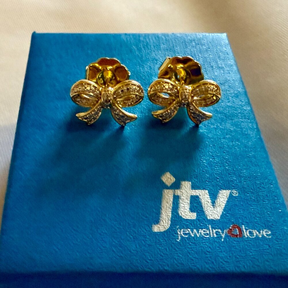 White Diamond Accent 14k Yellow Gold Over Brass Bow Stud Earrings